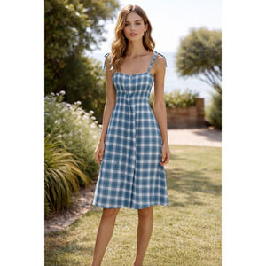 TEIJA Plaid Cotton Midi Dress Size 8 Blue Green Check Tie Strap